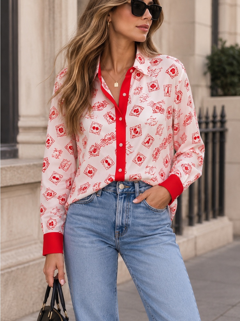 Karl Lagerfeld Paris Postcard Print Button Down Blouse Red White XL